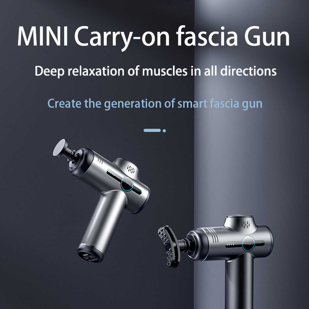 Promotional graphic for a MINI Carry-on fascia gun, showing two views of a metallic silver handheld massage device on a dark gray background with marketing text.