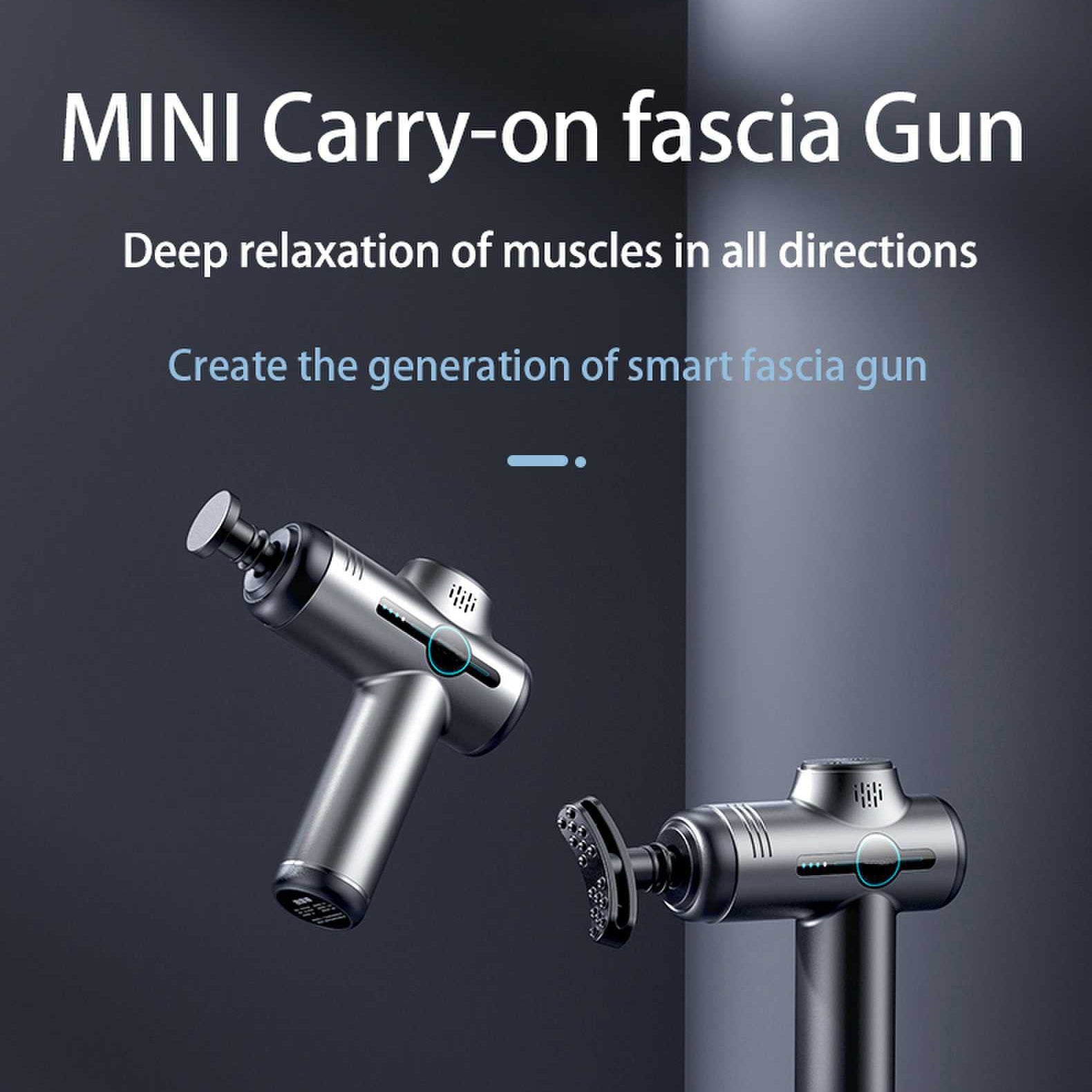 Promotional graphic for a MINI Carry-on fascia gun, showing two views of a metallic silver handheld massage device on a dark gray background with marketing text.