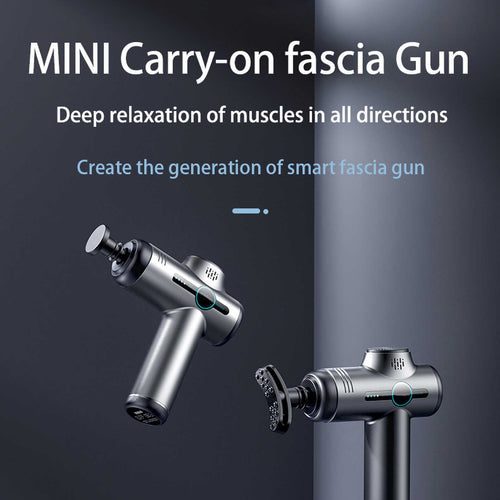 Promotional graphic for a MINI Carry-on fascia gun, showing two views of a metallic silver handheld massage device on a dark gray background with marketing text.