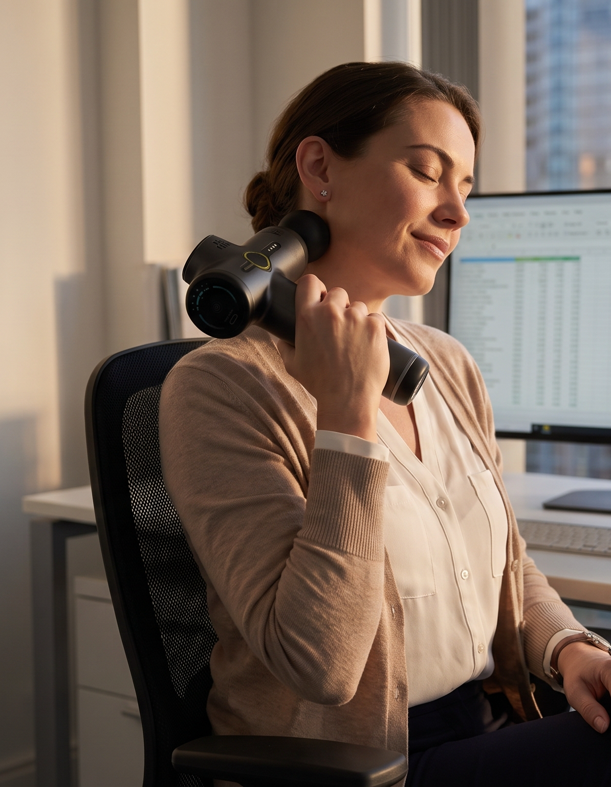 A woman in a beige blouse sits in an office chair at her desk, holding a black dumbbell against her neck. A computer monitor, laptop, and city view are visible in the background.